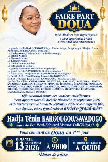 FAIRE PART DOUA de Hadja Ténin SAVADOGO, 
