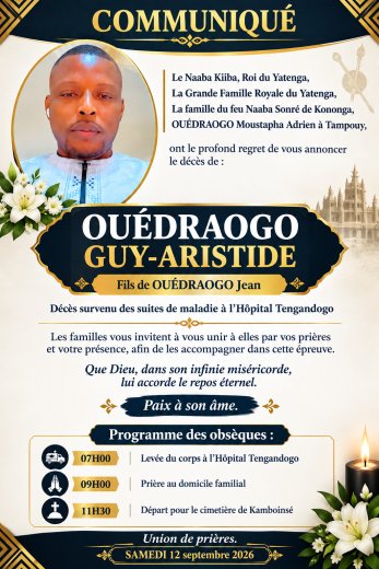 Décès de Ouédraogo Guy-Aristide&nbsp;: Faire-part 