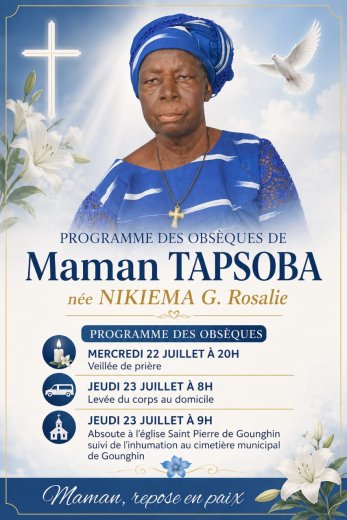 Programme des obsèques de Tapsoba née Nikiema G. Rosalie