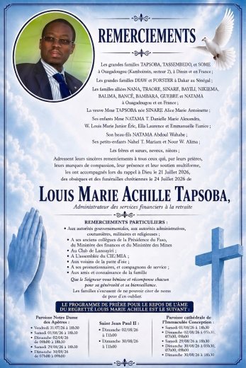 Décès de Louis Marie Achille Tapsoba&nbsp;: Remerciements