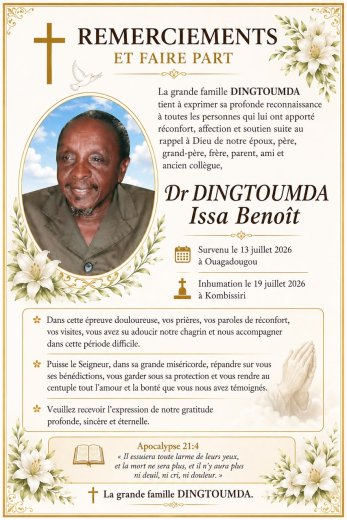Décès de  Dr DINGTOUMDA Issa Benoît&nbsp;: Remerciements et faire-part