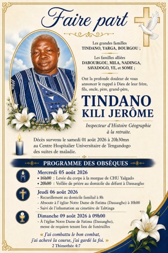 Décès de Tindano Kili Jerôme&nbsp;: Faire part 
