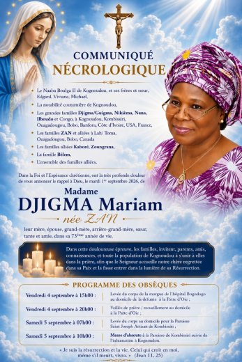 Décès de DJIGMA Mariam&nbsp;: Faire part 