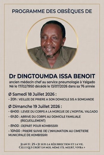 Programme des obsèques du décès de Dr Dingtoumda Issa Benoit