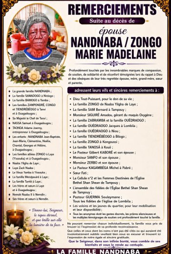 Décès de Nandnaba/Zongo Marie Madelaine&nbsp;: Remerciements 