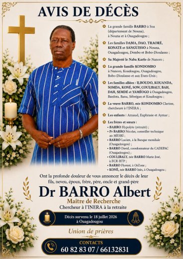 Décès de Barro Albert&nbsp;: Faire-part et programme des obsèques 
