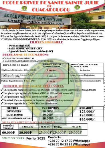Rentrée scolaire à L’école privée de santé sainte Julie située à Ouagadougou , Bobo Dioulasso , Tenkodogo et à Dori