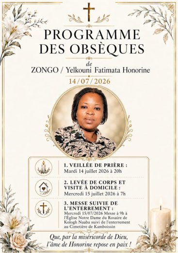 Décès de Zongo/Yelkouni Fatimata honorine&nbsp;: Programme des obsèques 
