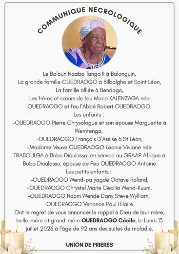 Décès de OUEDRAOGO Cécile&nbsp;: Faire-part