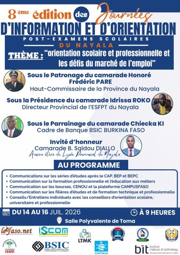 Orientation scolaire et professionnelle&nbsp;: La 8e édition des JIOP du Nayala se tiendra du 14 au 16 juillet 2026 à Toma
