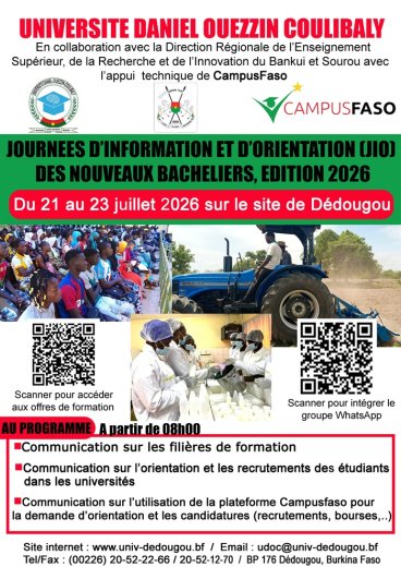 Orientation post-bac&nbsp;: rendez-vous du 21 au 23 juillet 2026 à l’Université de Dédougou