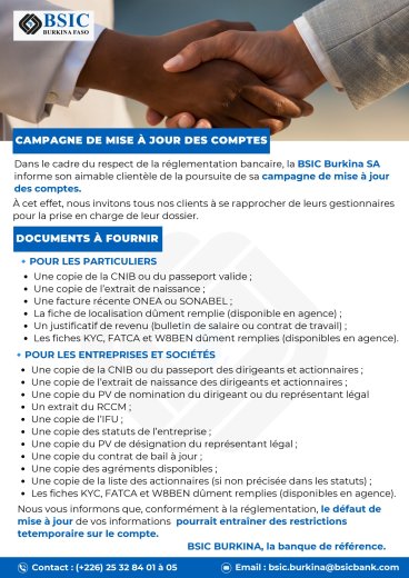 Mise à jour des comptes&nbsp;: BSIC Burkina SA invite sa clientèle à régulariser ses dossiers