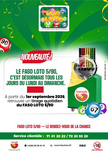 Nouveauté&nbsp;! Le Faso Loto 5/90, c’est désormais tous les jours du lundi au dimanche