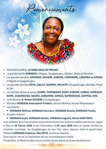 Décès de Korsaga Kadiatou née Keita&nbsp;: Remerciements 