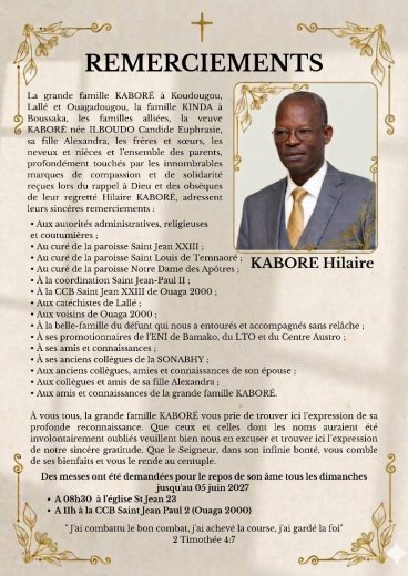 Décès de Kaboré Hilaire&nbsp;: Remerciements