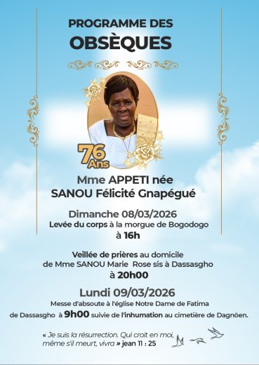 Décès de APPETI/SANOU Gnapégué Félicité&nbsp;: Faire-part 