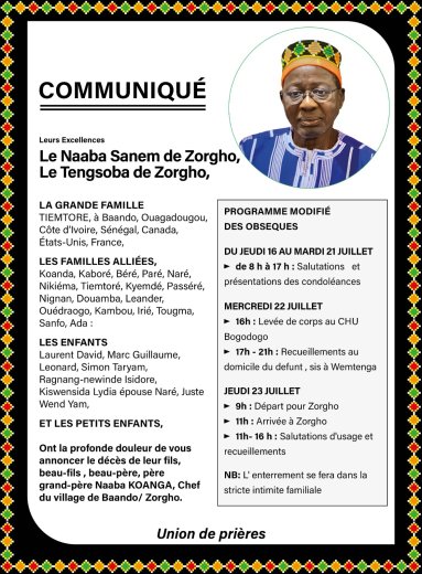Décès de Naaba KOANGA chef de village de baando/ Zorgho&nbsp;: Faire part et programme des obsèque