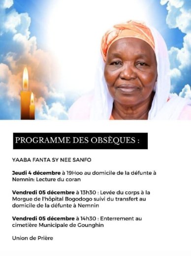 Décès de SY née SANFO Fanta&nbsp;: Faire-part