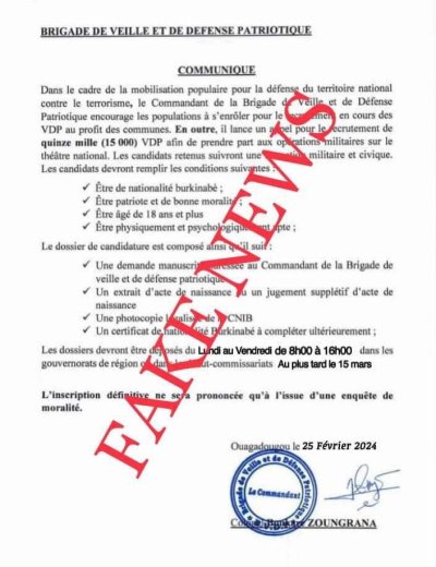 Burkina/Recrutement de 15 000 VDP : Une « fake news », selon la BVDP