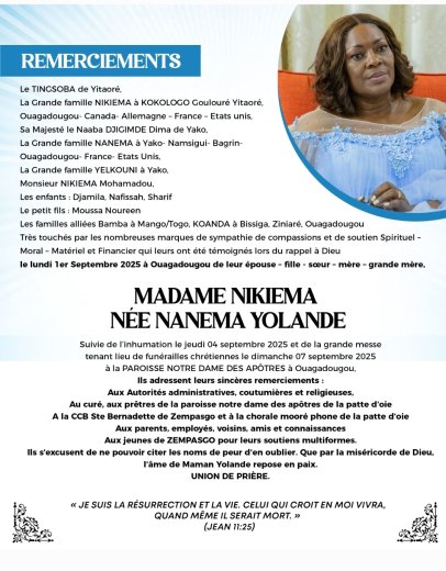 Décès de Nikiema née Nanema Yolande&nbsp;: Remerciements