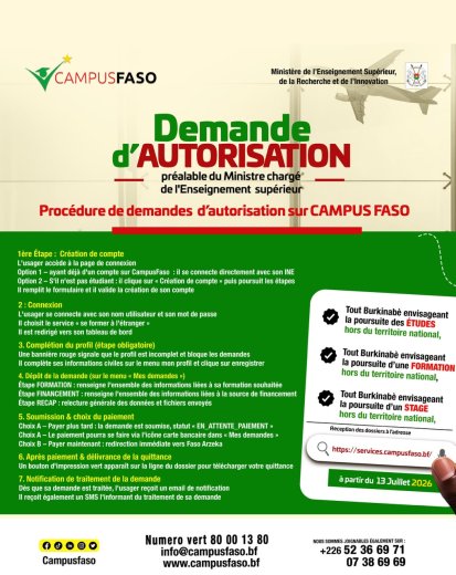 Études, formation ou stage à l’étranger&nbsp;: Ouverture des demandes d’autorisation sur CampusFaso dès ce lundi 13 juillet 2026