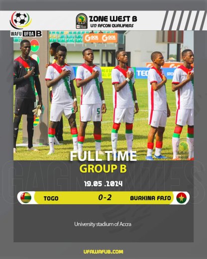 Football/Tournoi UFOA-B U17 : Le Burkina Faso dispose du Togo 2-0 pour sa deuxième sortie