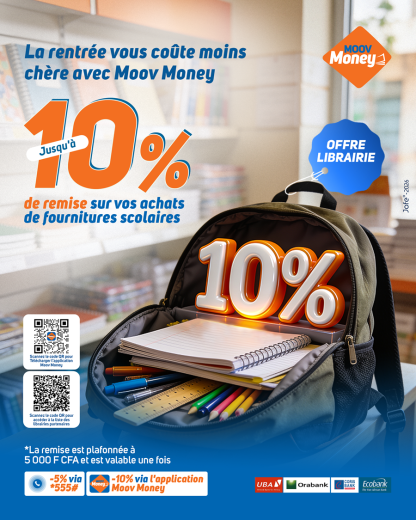 OFFRE LIBRAIRIE&nbsp;: Cette rentrée, payez moins avec Moov Money&nbsp;! 