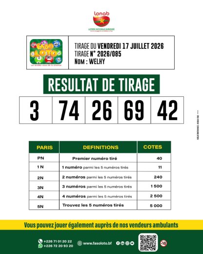 Faso Loto&nbsp;: Résultat du tirage de ce 17 juillet 2026
