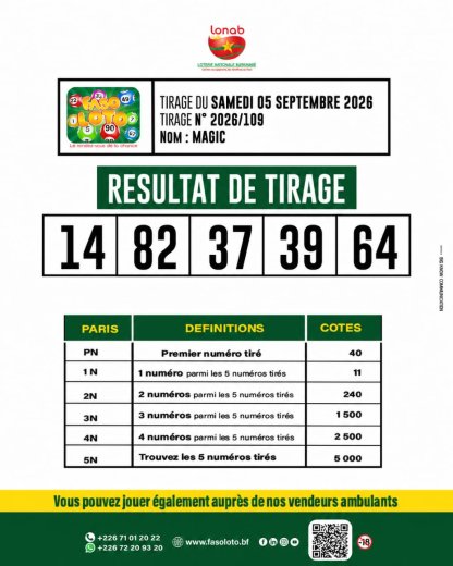 Faso Loto&nbsp;: Résultat du tirage MAGIC du Samedi 05 septembre 2026.    