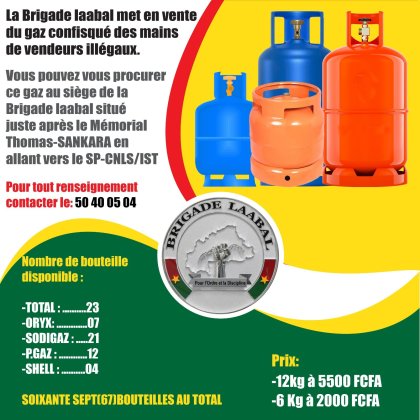 Burkina/ Brigade laabal&nbsp;: Des bouteilles de gaz en vente à son siège