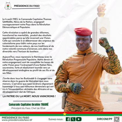 Commémoration du 4 août 2026&nbsp;: Le capitaine Ibrahim Traoré invite les Burkinabè à poursuivre l’idéal révolutionnaire ‎