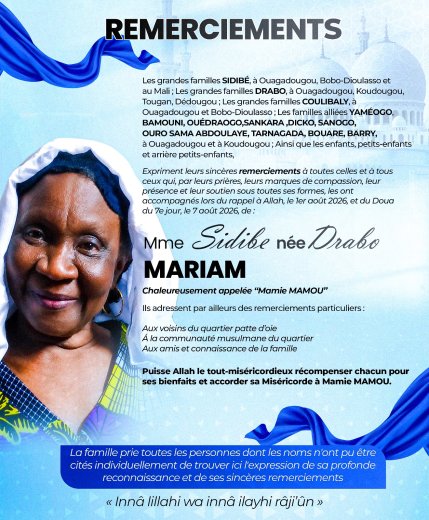 Décès de Sidibe née Drabo Mariam&nbsp;: Remerciements