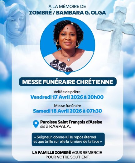 Décès de ZOMBRÉ / BAMBARA GUERLA OLGA&nbsp;: Programme des funérailles chrétiennes 