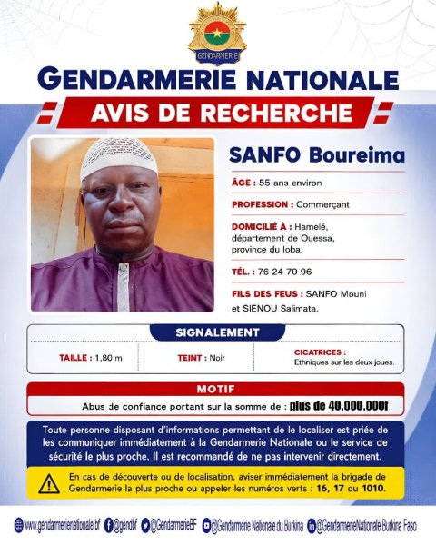 Burkina Faso Gendarmerie Issues Wanted Notice for Sanfo Boureima Over CFA 40M Fraud