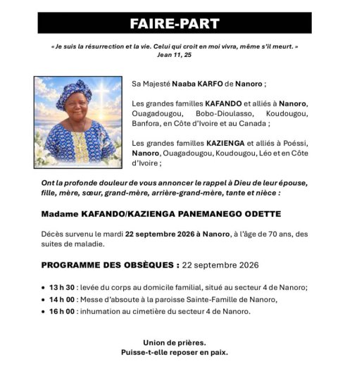 Décès de KAFANDO/KAZIENGA PANEMANEGO ODETTE&nbsp;: Faire part 