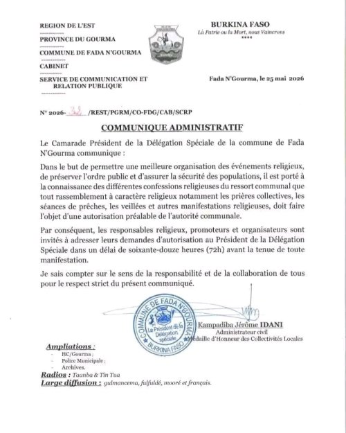 Fada N'Gourma : Tout rassemblement à caractère religieux doit désormais faire l'objet d'une autorisation préalable 2 img 20260529 wa0000 c5e88