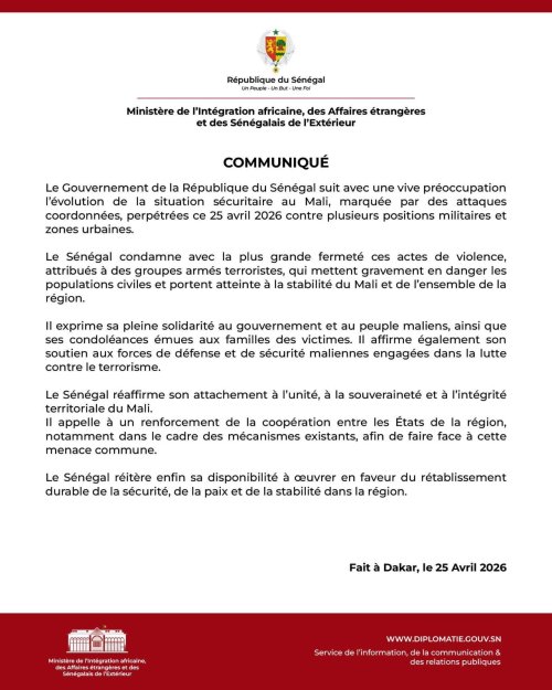 Attaques au Mali : Le Sénégal réitère sa disponibilité en faveur du rétablissement de la sécurité dans la région 2 whatsapp image 2026 04 27 at 10.33 40 4f0f4