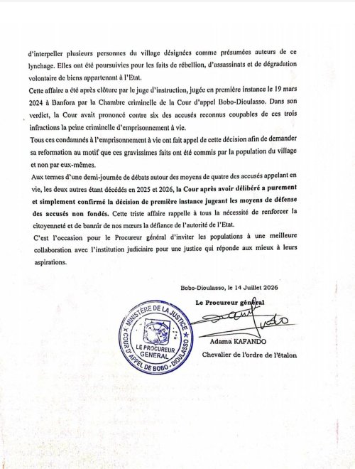 Burkina/Justice : La Cour d'appel confirme la prison à vie pour quatre condamnés dans l'affaire du lynchage des policiers de Nafona 3 whatsapp image 2026 07 14 at 17.29 48 bb2a2