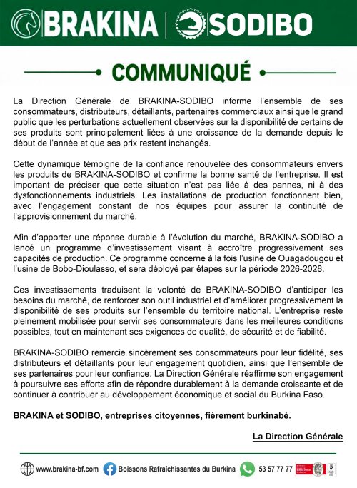 Burkina/ Brasseries : BRAKINA-SODIBO rassure sur la disponibilité de ses produits et maintient ses prix 2 communique brakina sodibo da0b6