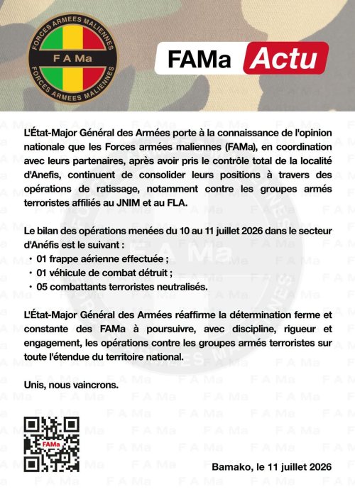 Mali : L'armée prend le contrôle total d'Anéfis et poursuit les opérations de ratissage (Communiqué) 2 img 20260711 wa0082 a6fe3
