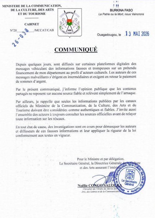 Burkina/ Culture : Le ministère met en garde contre une fausse offre de financement destinée aux acteurs culturels 2 img 20260513 wa0036 d3d75