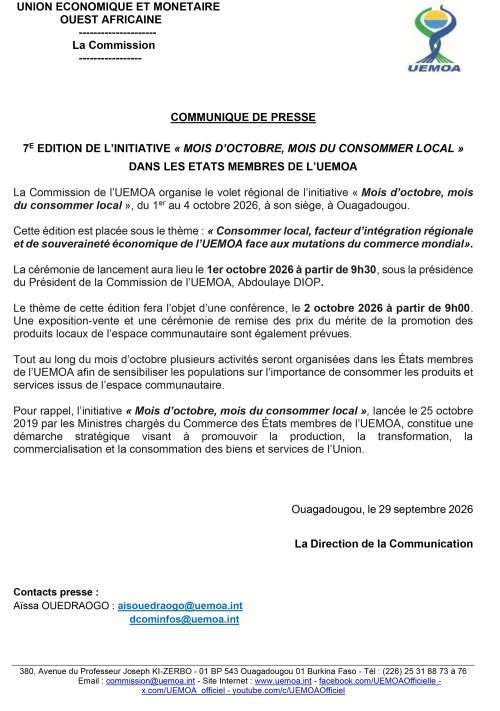 UEMOA : Le volet régional du « Mois du consommer local » prévu du 1er au 4...