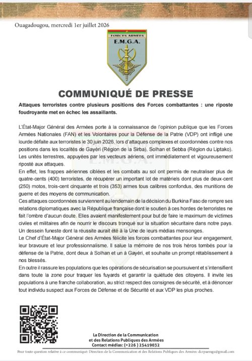 Burkina Faso : Plus de 400 terroristes neutralisés à Gayéri, Solhan et Sebba par les forces combattantes 2 img 20260702 wa0001 e2d34