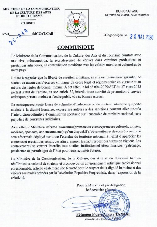 Burkina / Contenus artistiques inappropriés : Le ministère en charge de la Culture annonce un renforcement du contrôle 2 whatsapp image 2026 05 26 at 10.52 49 3d0f4