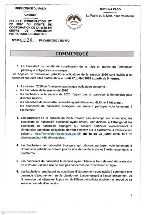 Burkina : Les appelés à l'immersion patriotique obligatoire convoqués sur leur site d'affectation le 27 juillet 2026 à 8h 2 whatsapp image 2026 07 13 at 13.16 52 1dcc9