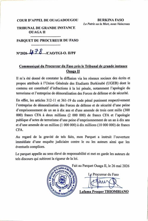 Burkina : Le procureur du Faso près le TGI Ouaga II annonce l'ouverture d'une enquête contre l'UGEB 8 img 20260527 wa0031 7383b