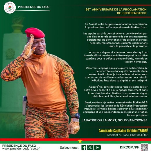 Commémoration du 5 août&nbsp;: Le Chef de l’Etat appelle à un engagement collectif pour un Burkina Faso libre et souverain