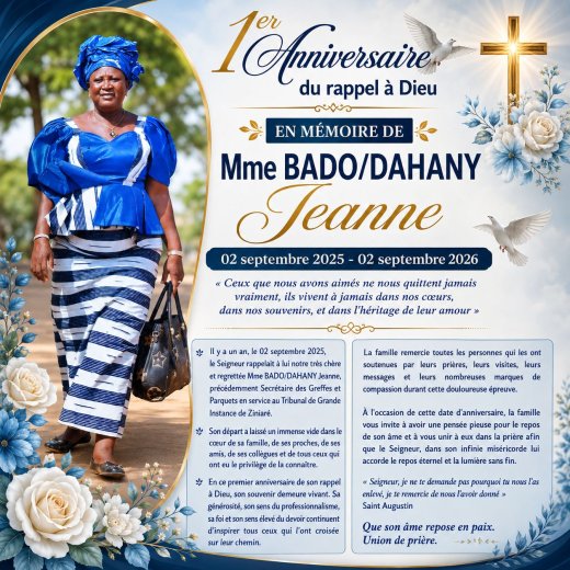 In memoriam&nbsp;: Mme&nbsp;Bado/DAHANY Jeanne