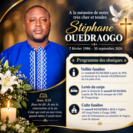 Décès de OUEDRAOGO Stéphane&nbsp;: Faire part 