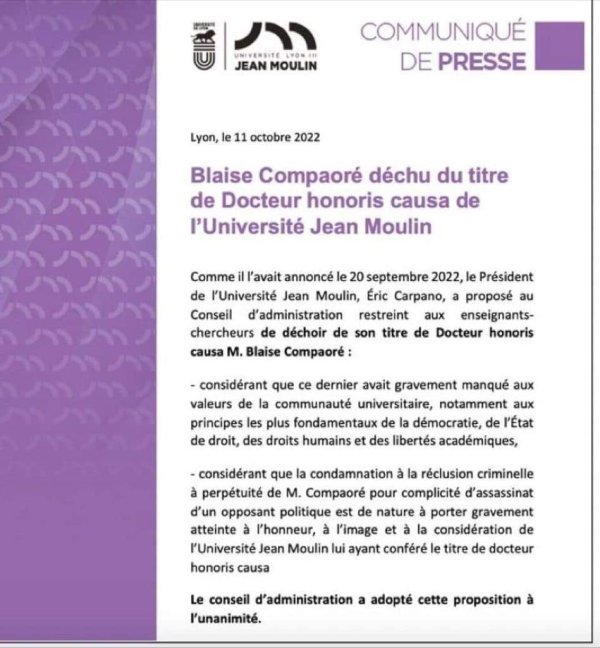 Burkina-Faso/ Blaise Compaoré déchu de son titre de Docteur honoris causa